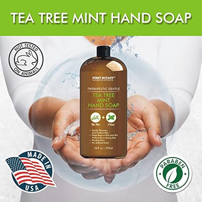 First Botany TEA TREE MINT HAND SOAP - LIQUID HAND SOAP WITH PEPPERMINT, JOJOBA AND COCONUT OIL - MULTIPURPOSE LIQUID SOAP IN PUMP DISPENSER - NATURAL BATHROOM SOAP & LIQUID HAND WASH - 16 FL OZ - Image 4